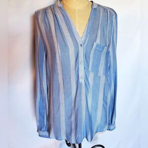 H&M Blue & White Striped Blouse V Neck Long Sleeve Top Shirt Tunic